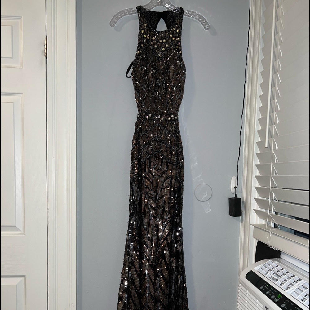 Black-iridescent halter prom dress